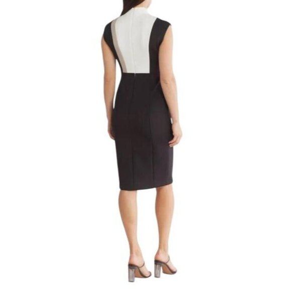 Calvin Klein Womens Black Cream Color Block Mock Scuba Sheath Dress Sz 12 New - Picture 2 of 9